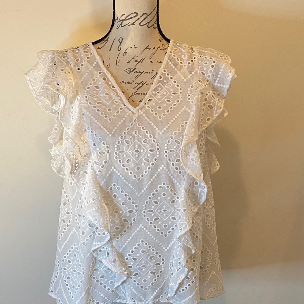 White House Black Market White Eyelet Ruffle V-Neck Blouse
